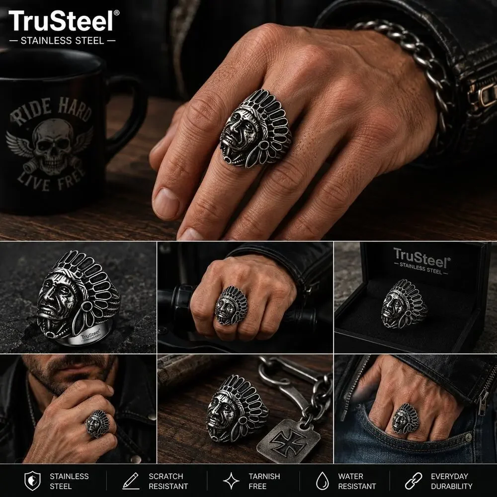 316L stainless‎ steel silver Indian skull biker gothic ring size 10